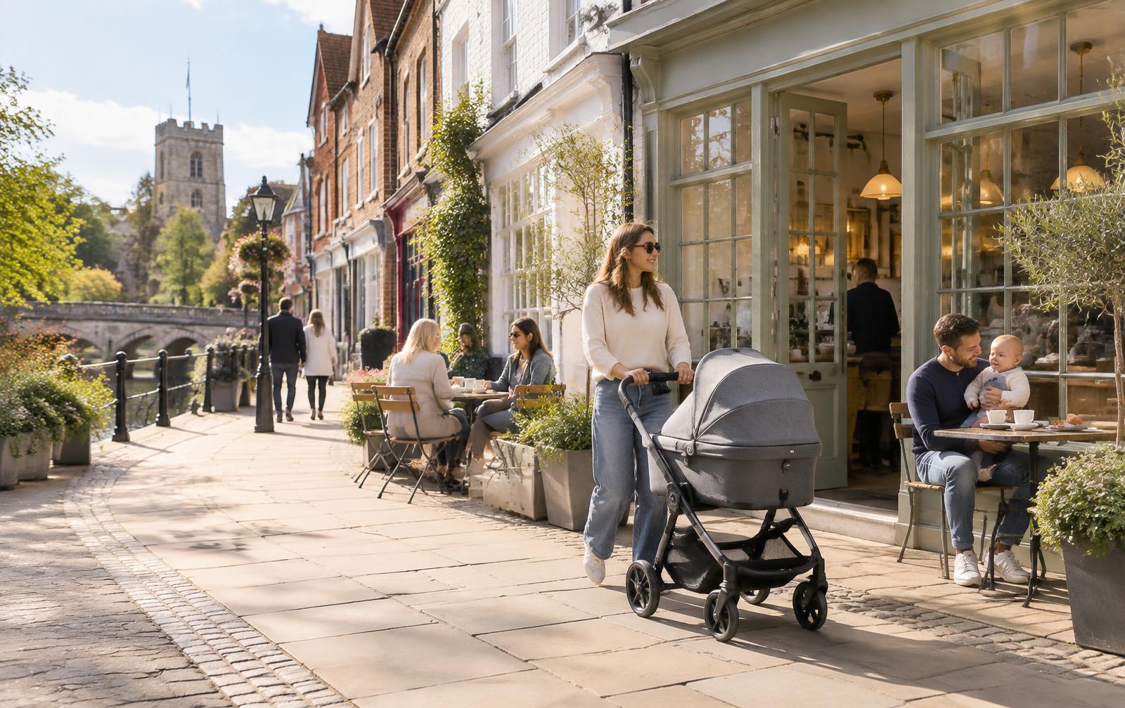 A parent walking with a pram past cafés in a Hertfordshire town